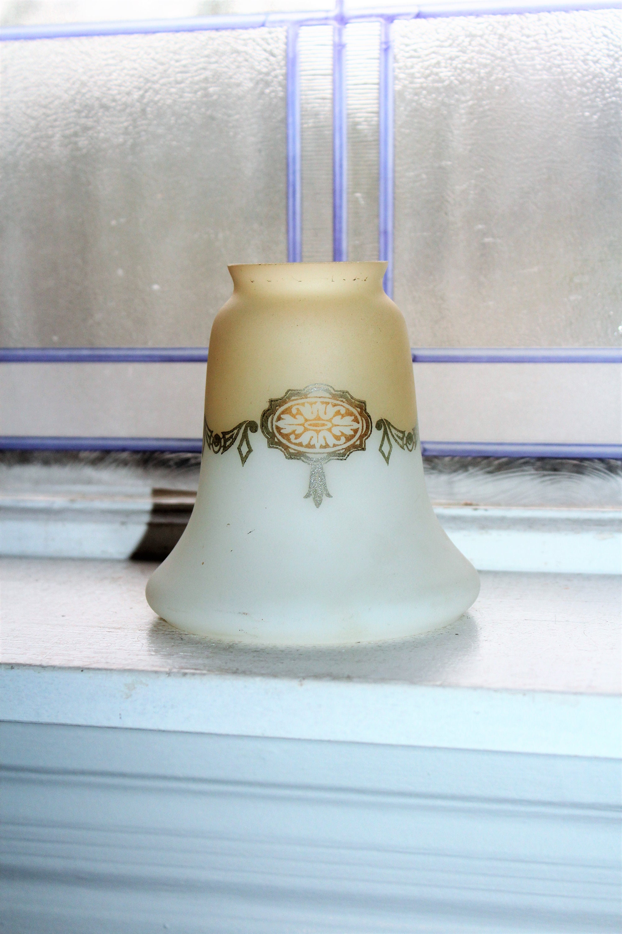 Antique Tan and White Victorian Glass Lamp Shade