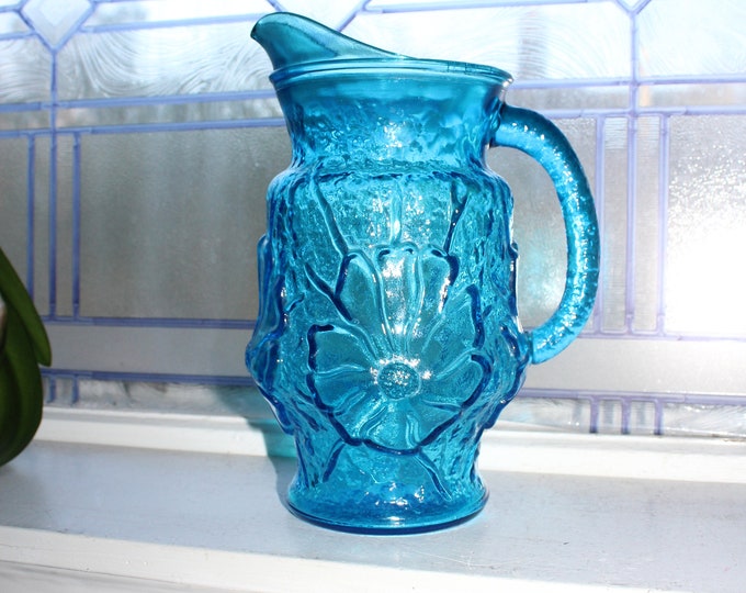 Vintage Laser Blue Glass Pitcher Rainflower Pattern