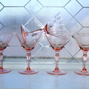 5 Pink Depression Glass Wheel Cut Wine or Cocktail Glasses 1930s Art Deco