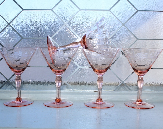 5 Pink Depression Glass Wheel Cut Wine or Cocktail Glasses 1930s Art Deco