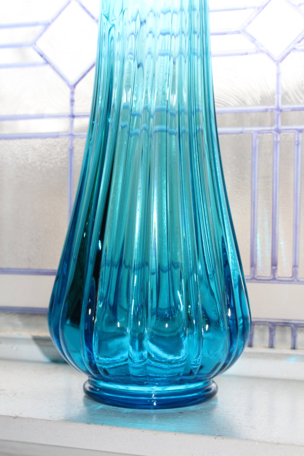 Large Blue Swung Glass Vase 20.5 Vintage 1960s