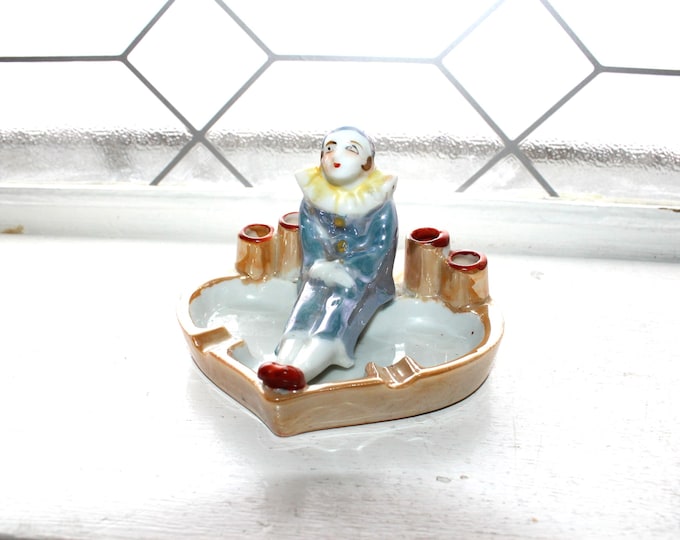 Vintage Art Deco Porcelain Ashtray Cigarette Holder Pierrot Clown Japan