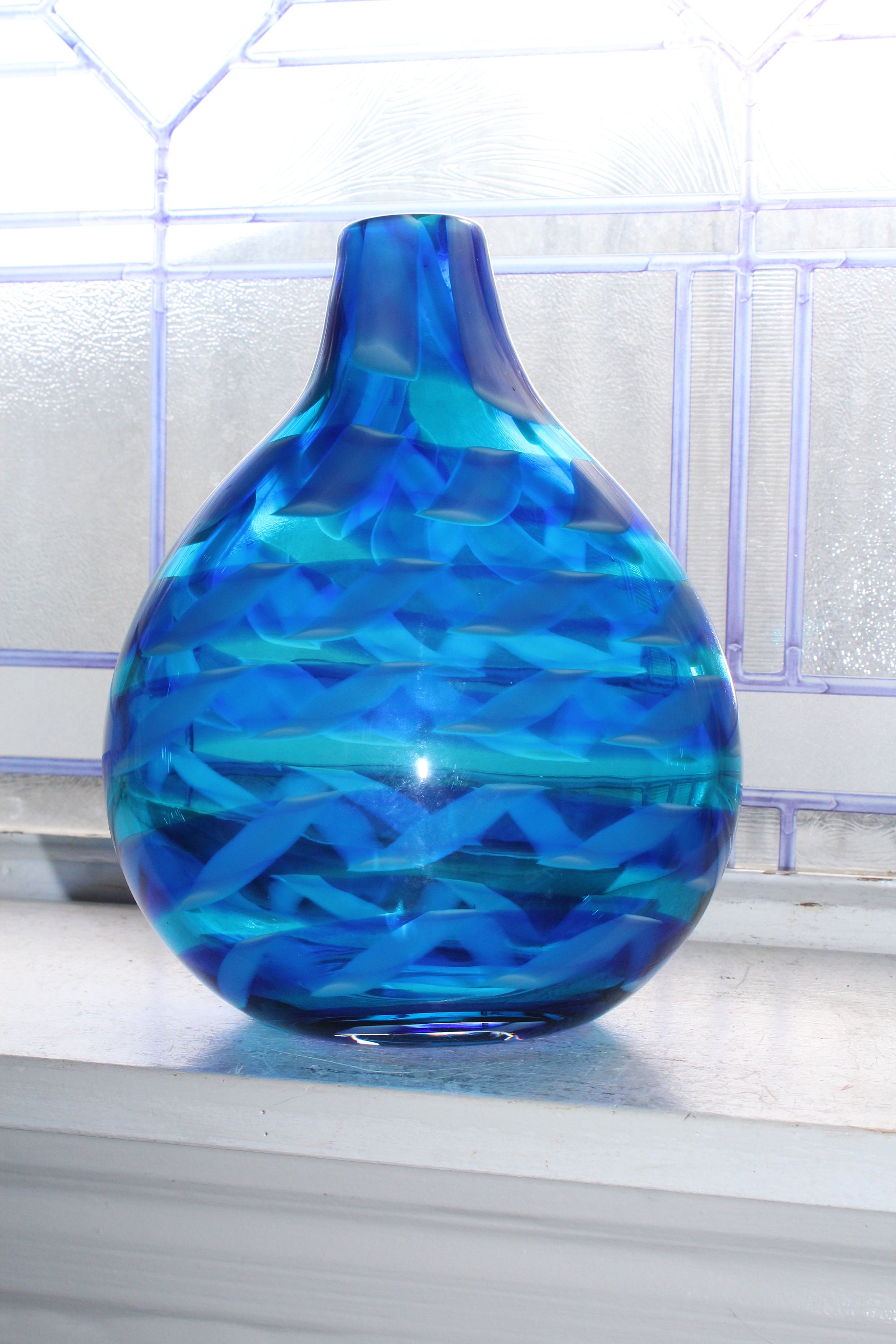 Large Vintage Murano Glass Bud Vase Blue Patterned