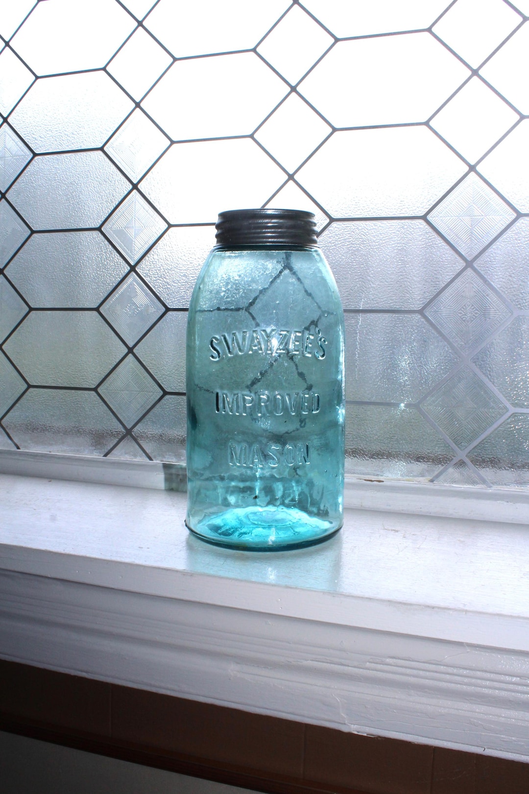 アンティークブルーの缶詰瓶、スウェイジーの改良メイソンジャー、1/2