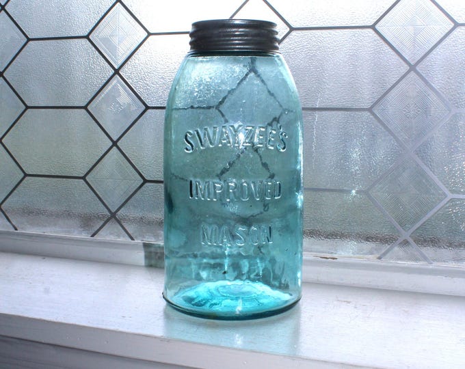 Antique Blue Canning Jar Swayzee's Improved Mason Jar 1/2 Gallon Early 1900s