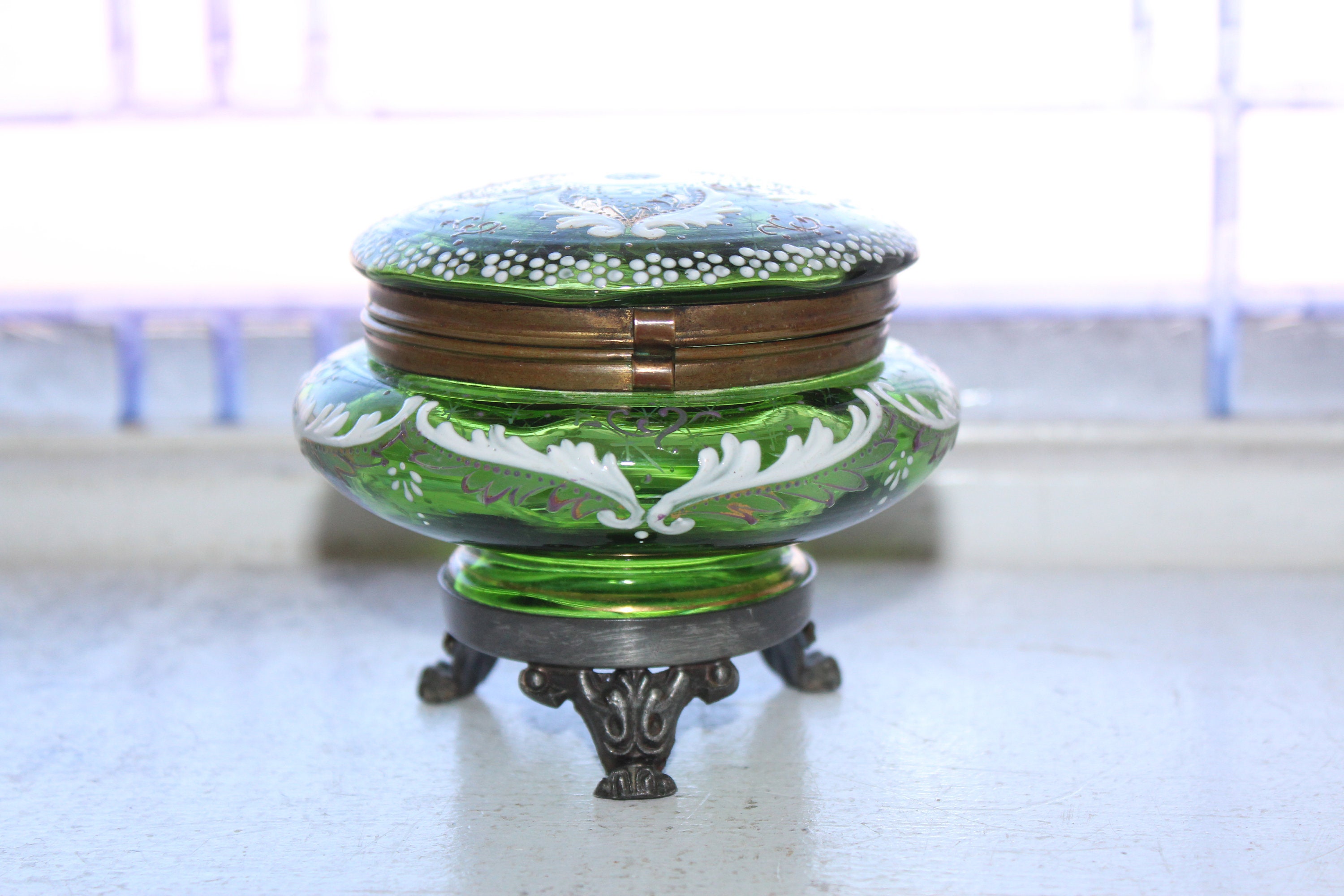 Antique Victorian Jewelry Casket Box Enameled Green Glass
