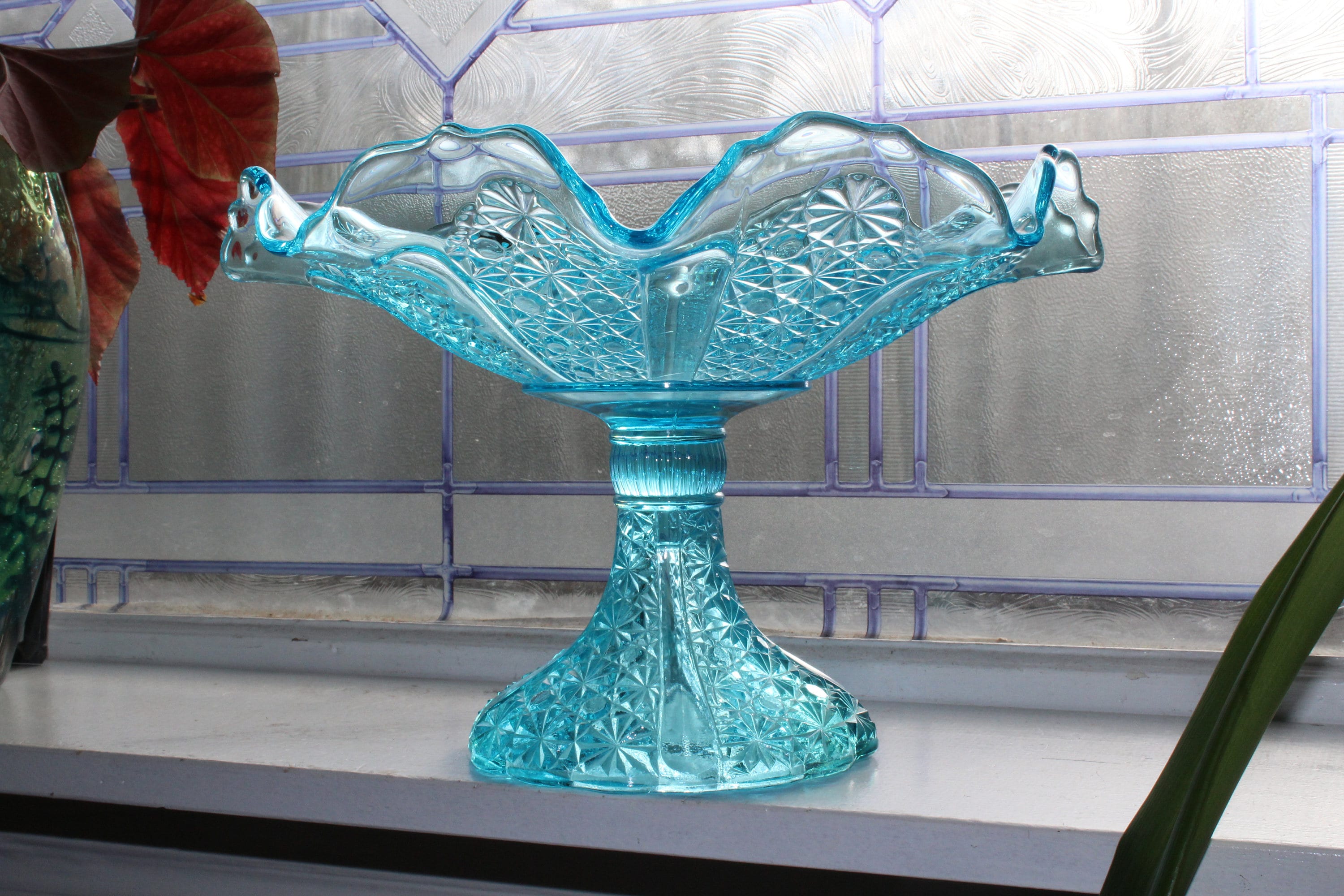 Vintage Fenton Glass Large Compote Blue Paneled Daisy and Button