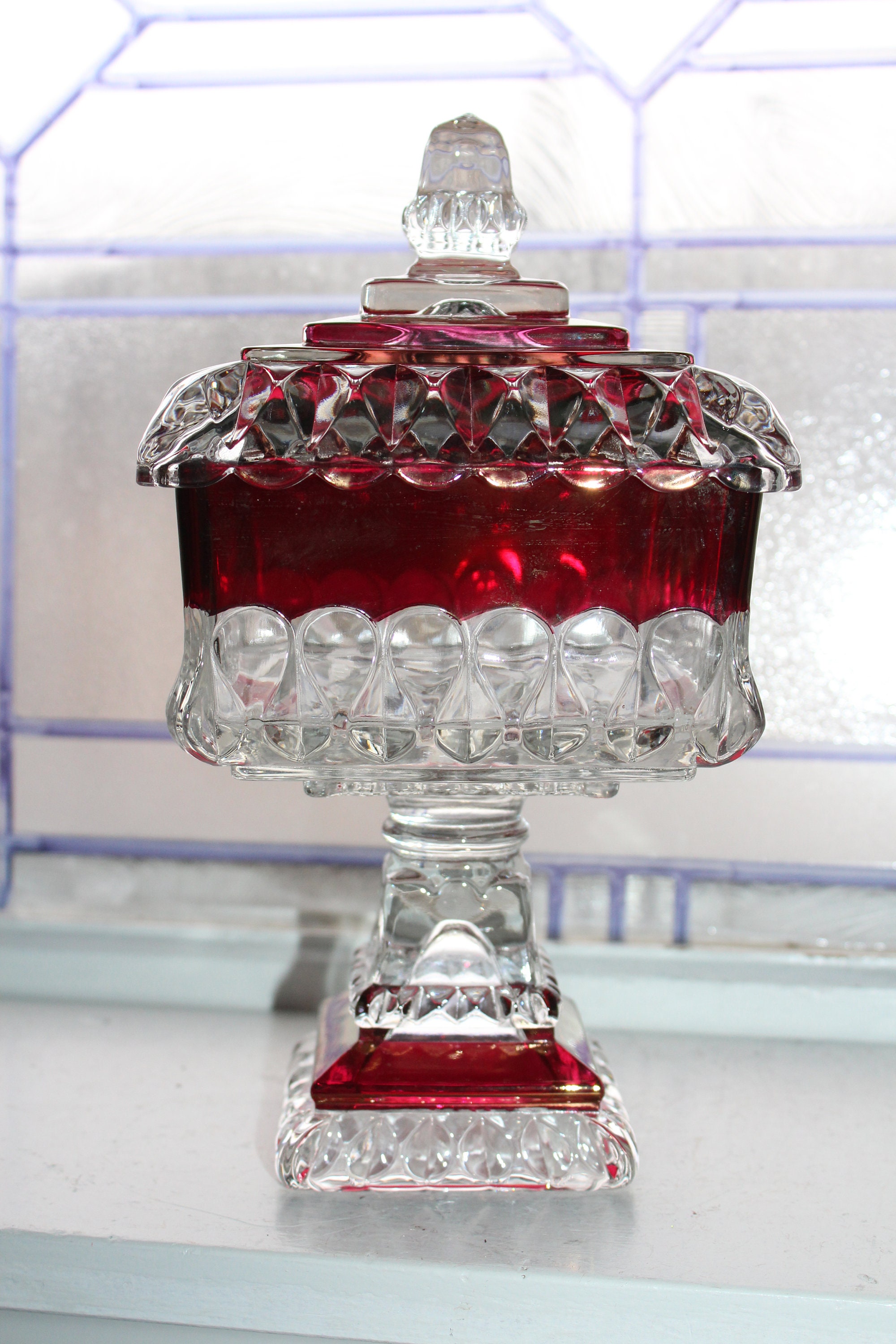 Vintage Westmoreland Ruby Flashed Glass Square Compote Wedding Box