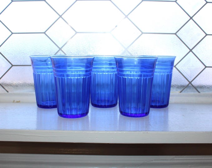 5 Vintage Cobalt Blue Depression Glass Tumblers Hazel Atlas New Century 1930s