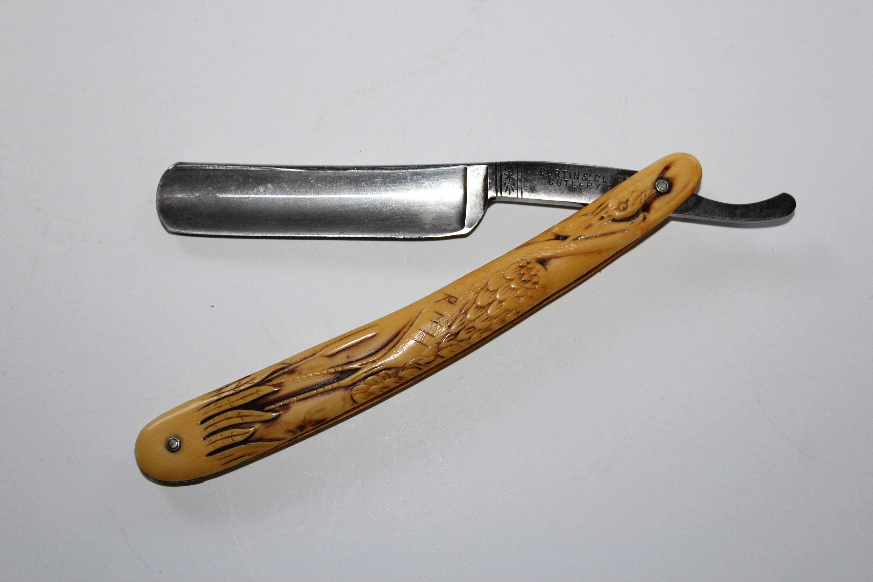 Antique Straight Razor Curtin & Clark with Carved Heron Bird Handle