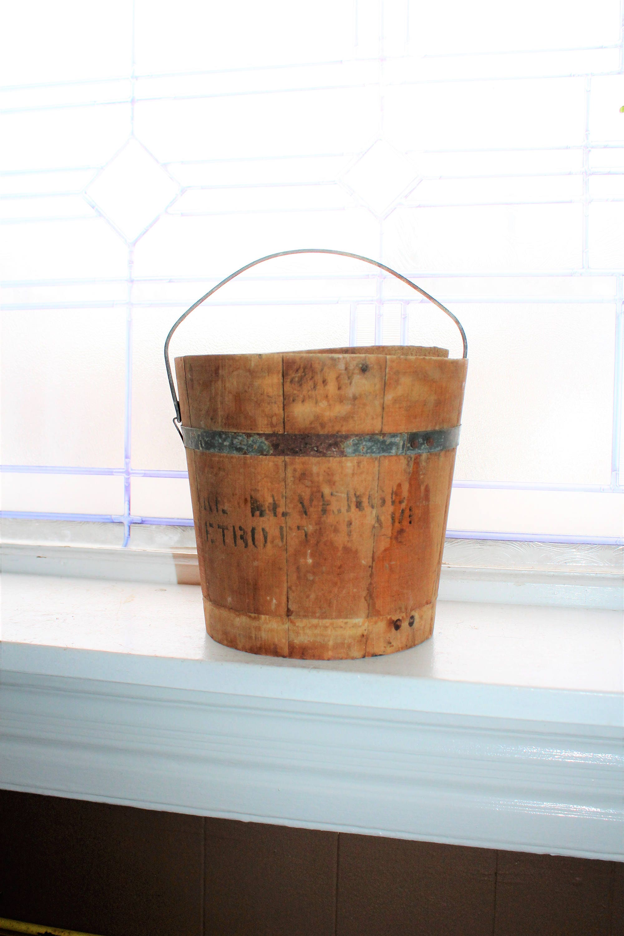 Antique Wood Bucket with Lid and Bale Handle Rustic Farmhouse Decor