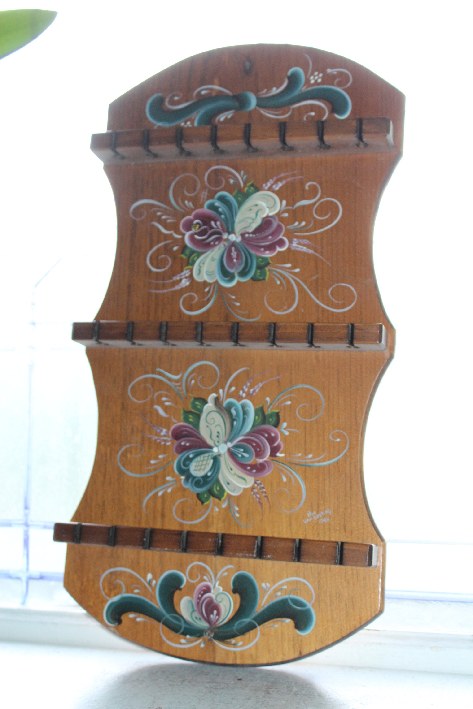 Vintage Norwegian Rosemaled Wood Spoon Rack Scandinavian Folk Art