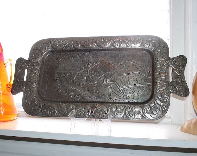 Large Vintage Metal Tray with Country Scene