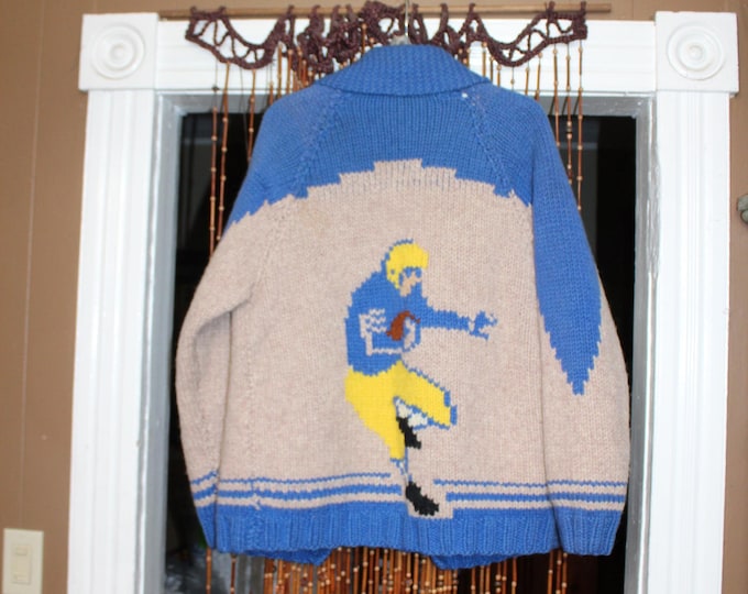Vintage Cowichan Men's Blue Football Sweater 1950s Size Large
