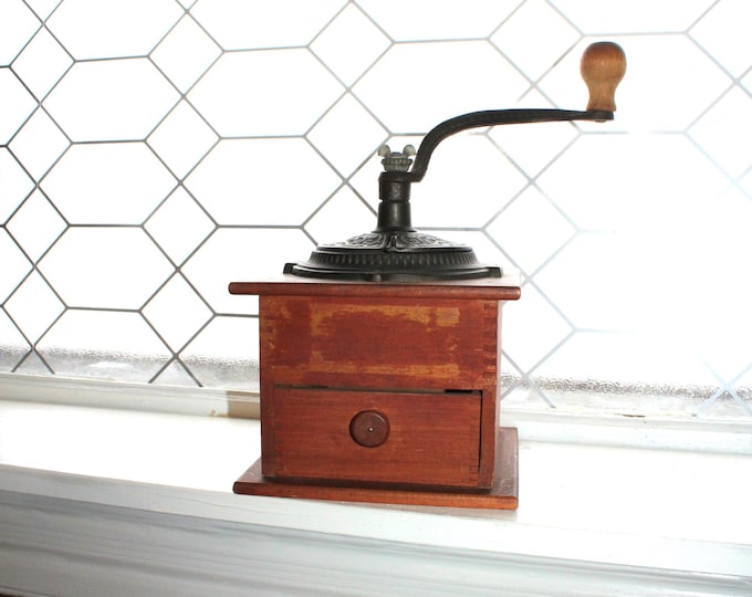 Antique Coffee Grinder Wood and Cast Iron 1800s Rustic Farmhouse Decor
