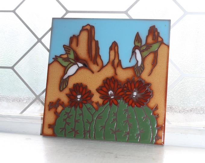 Vintage Trivet Tile Earthtones Southwestern Style Decor Cactus Hummingbirds