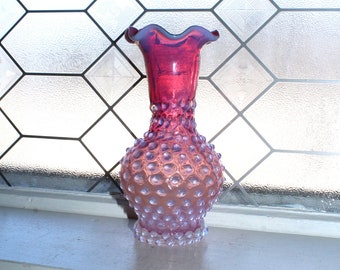 Vintage Czech Glass Vase Pink Opalescent Hobnail