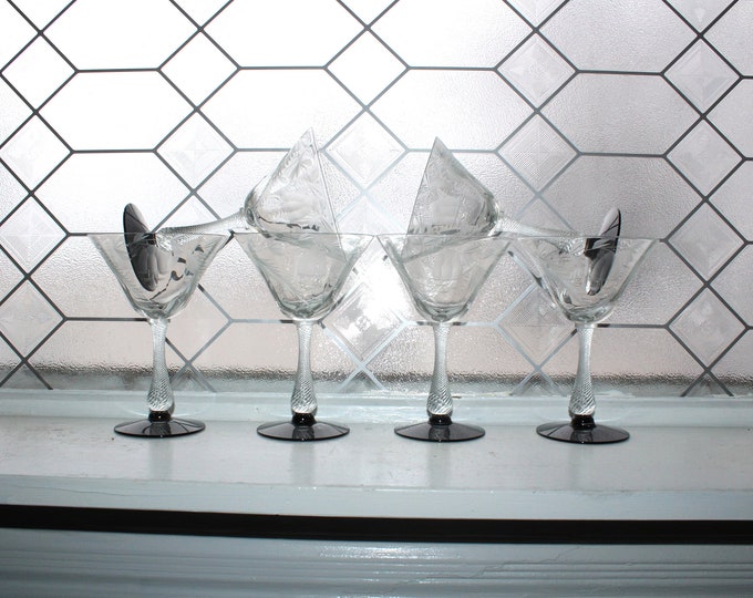 6 Art Deco Weston Cocktail Champagne Glasses Etched with Black Bases