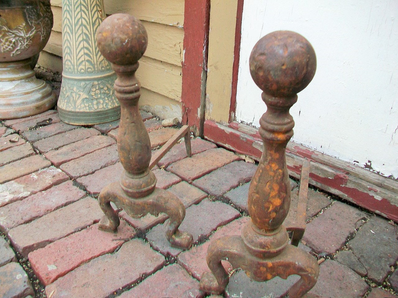 Antique Andirons Fireplace Insert Cast Iron Fire Dogs