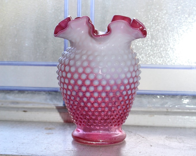 Large Vintage Fenton Vase Cranberry Opalescent Hobnail Glass
