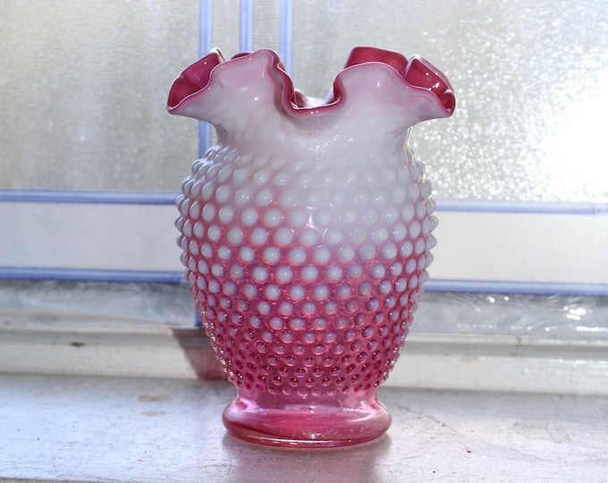 Large Vintage Fenton Vase Cranberry Opalescent Hobnail Glass