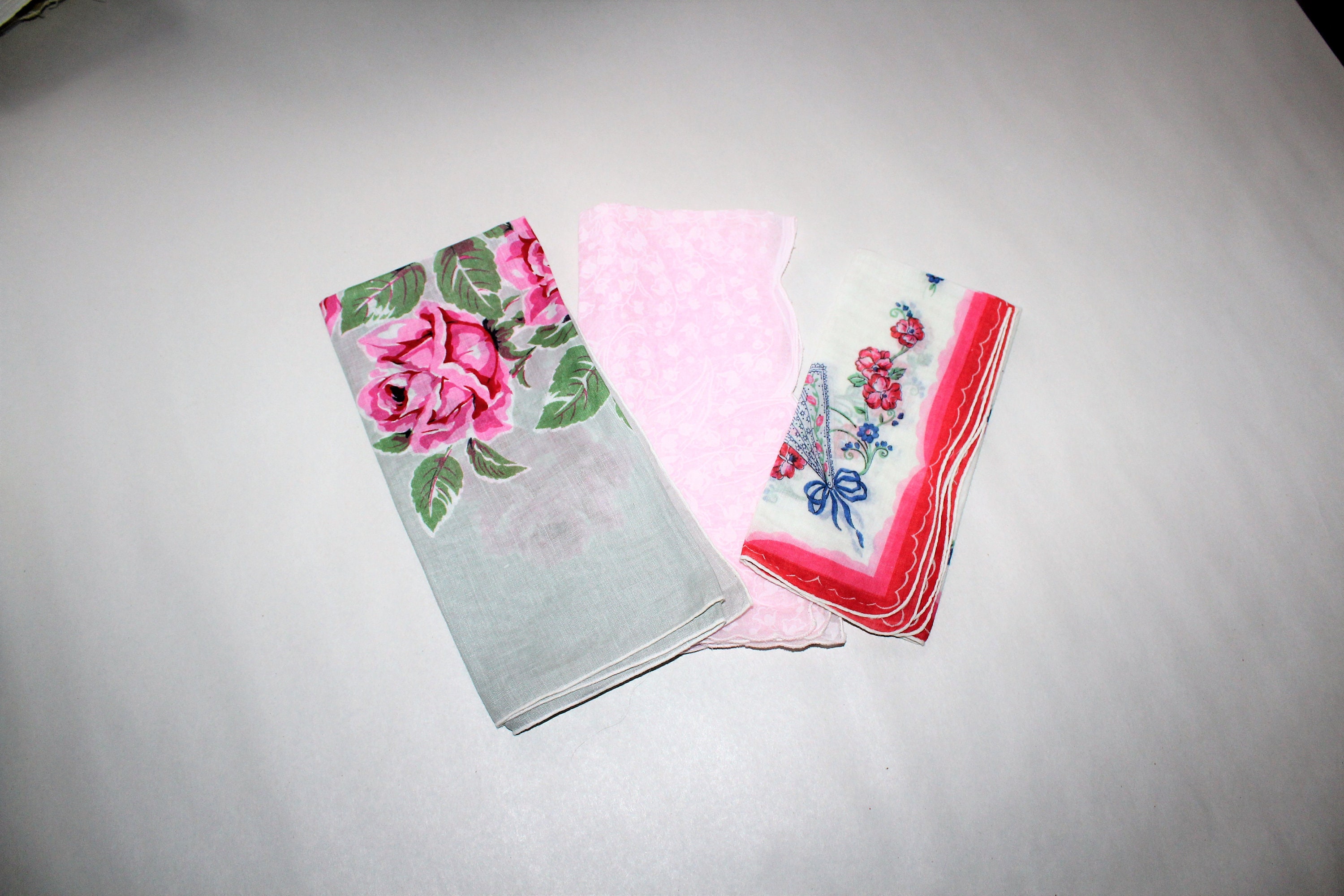 3 Vintage Ladies Handkerchiefs Mid Century Pink and Gray