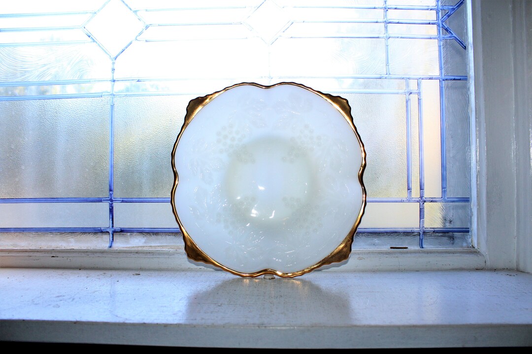 Milk Glass Candy Dish Grapes Decoration Gold Trim Vintage 1960s Etsy
