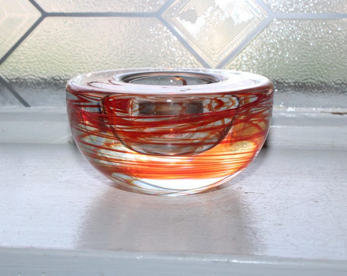 Kosta Boda Red Swirl Votive Candle Holder Vintage Art Glass