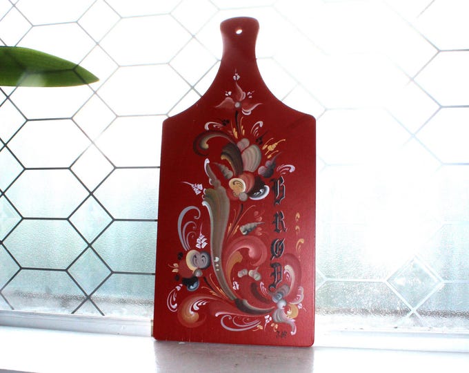 Vintage Rosemaled Wood Brod Plaque Cutting Board Norwegian Folk Art