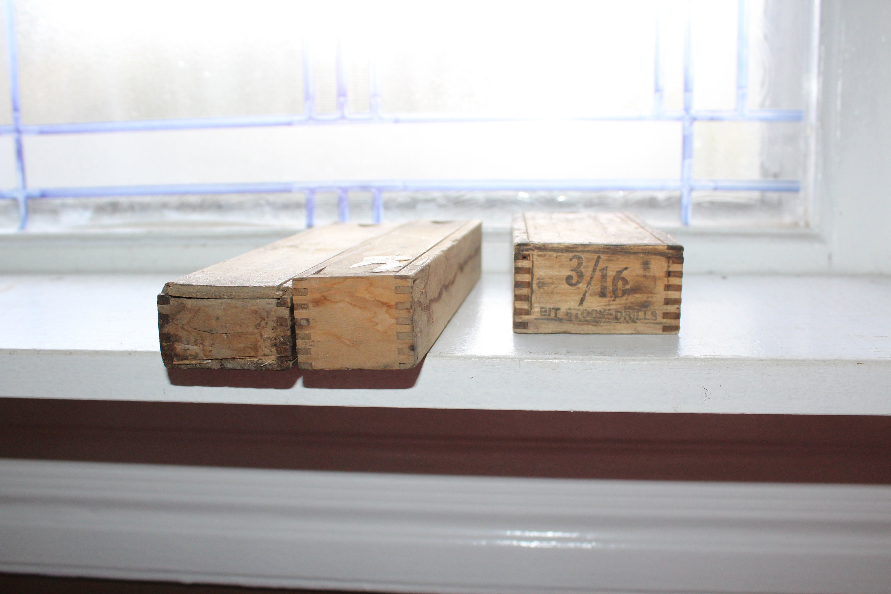 3 Vintage Wood Drill Bit Boxes with Sliding Lids & Dovetailing 1940s