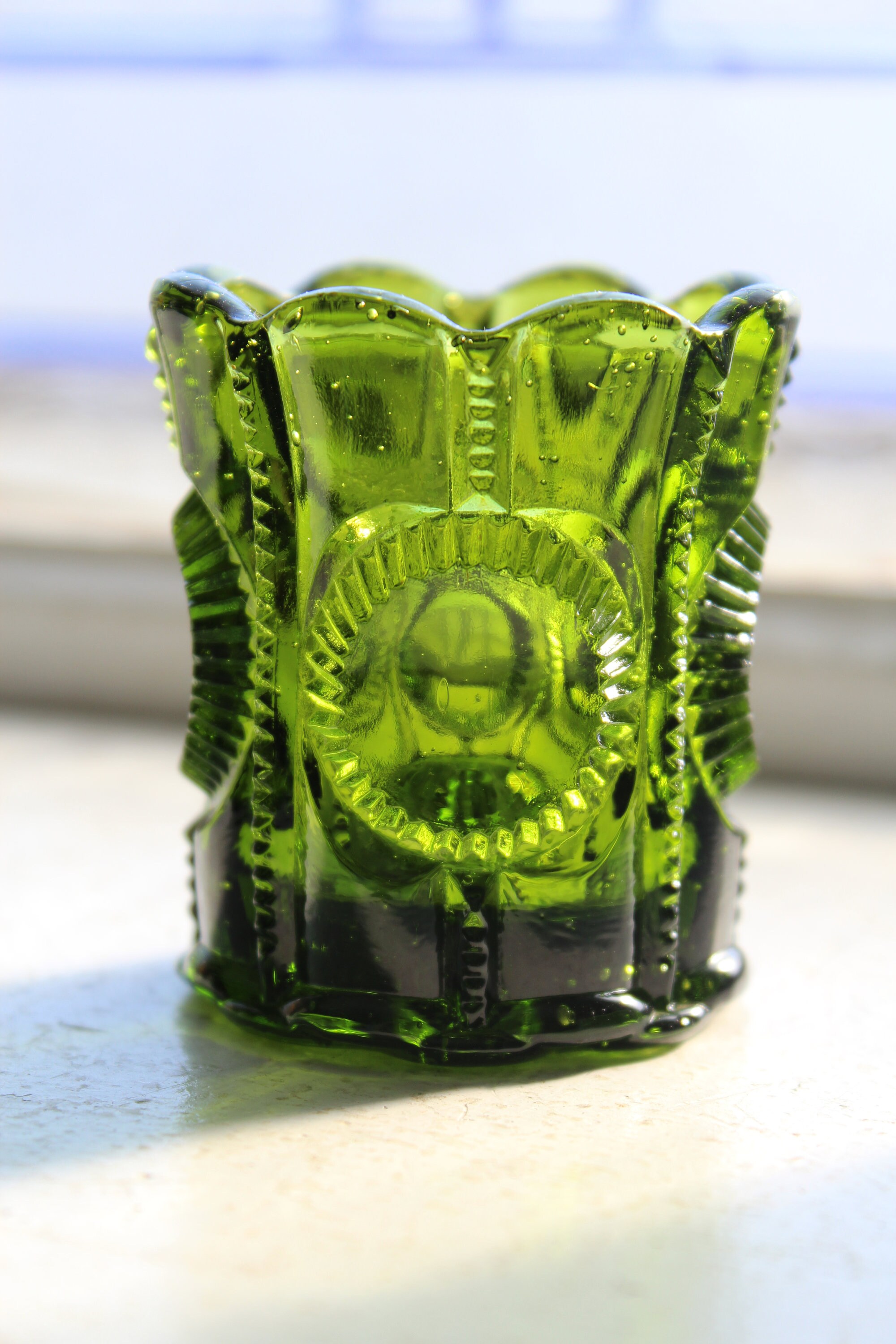 Vintage Green Glass Toothpick Holder Columbia by L G Wright