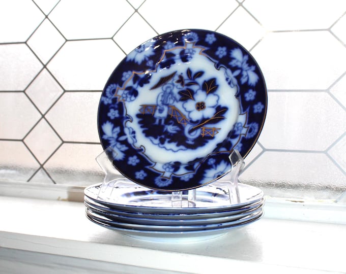 6 Antique Dark Flow Blue Luncheon Plates 9" Royal Staffordshire Pekin Gold Trim