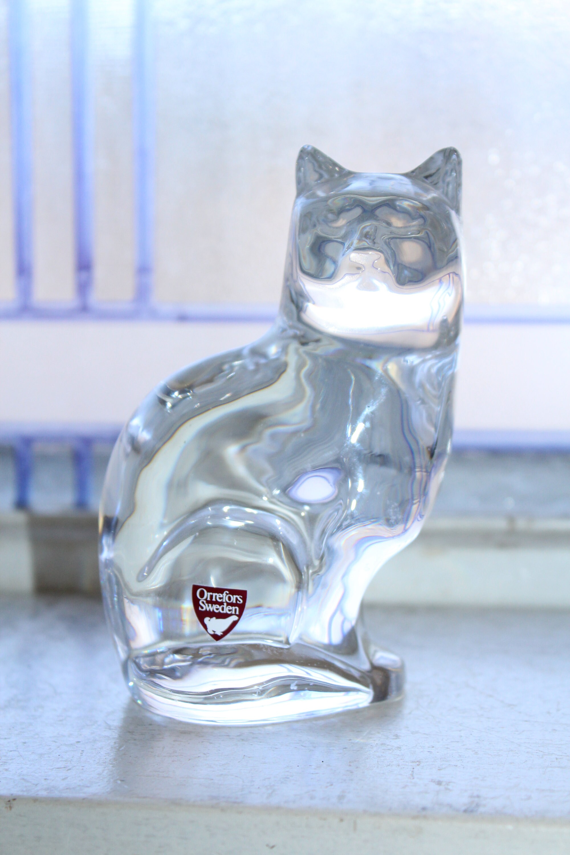 Large Orrefors Crystal Cat Figurine Art Glass