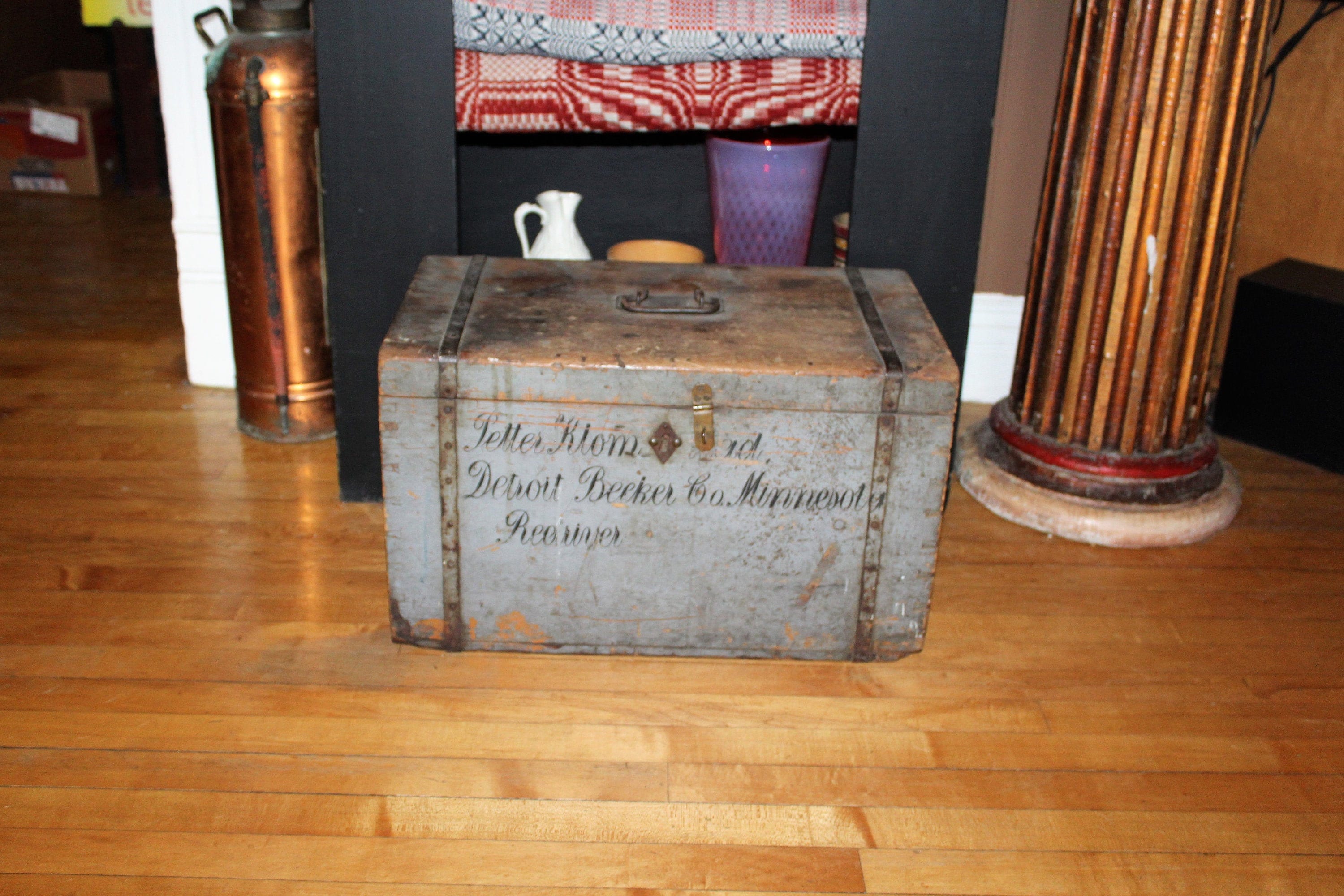 Antique 1800s Wood Trunk Immigrant Chest Gray Paint Handmade Hardware