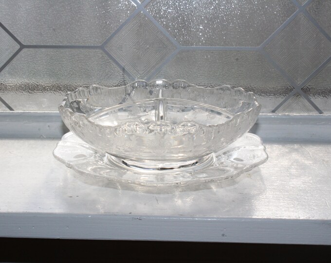 Cambridge Etched Glass Divided 3 Part Relish Dish with Underplate