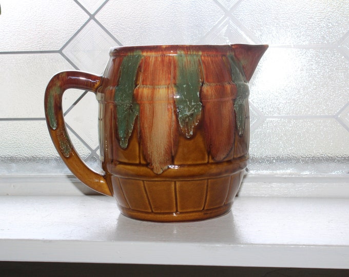 Vintage Dryden Pottery Drip Glaze Barrel Water Pitcher