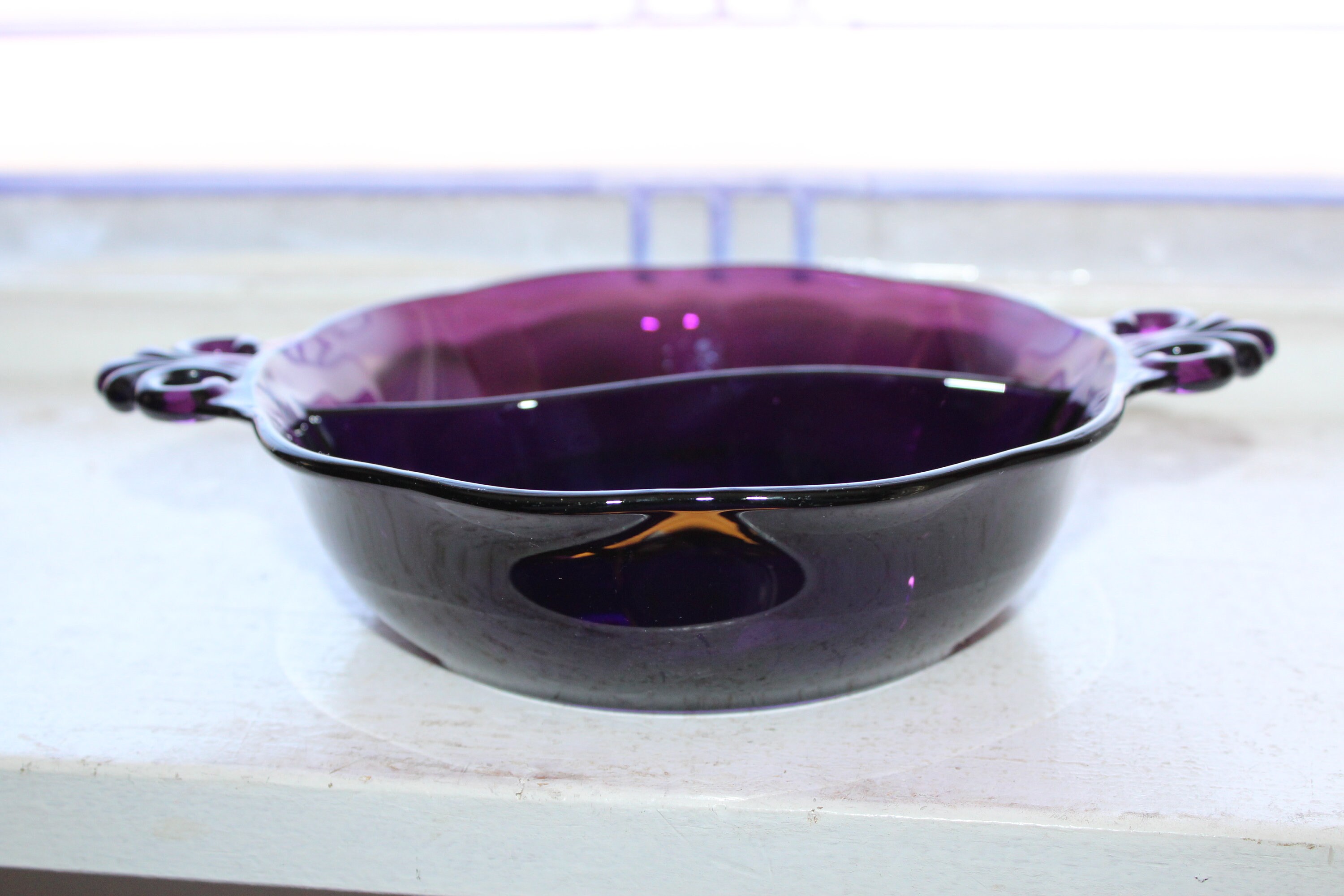 Vintage Amethyst Purple Glass Divided Dish with Handles