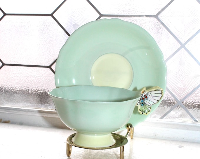 Paragon Tea Cup and Saucer Butterfly Handle Mint Green Vintage Bone China