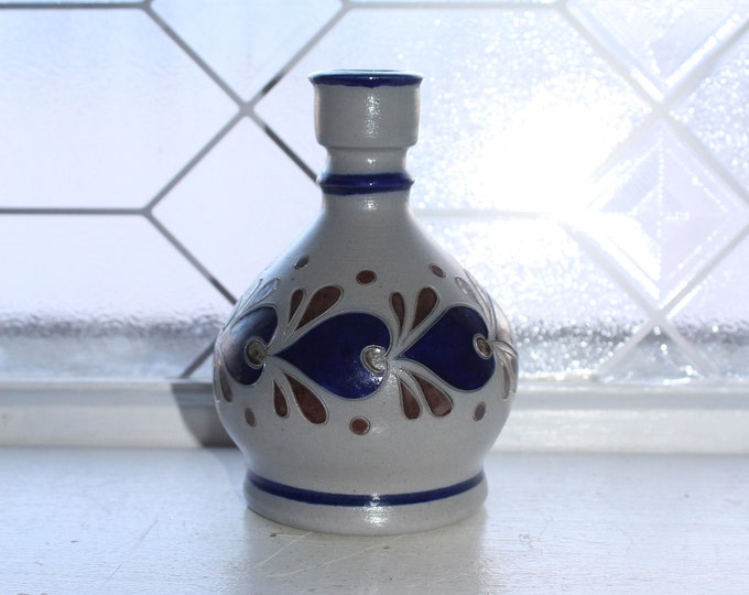 Vintage Salt Glazed Stoneware Bud Vase Cobalt Blue Decorated