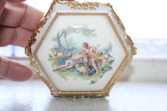 Vintage Porcelain and Metal Jewelry Box with Love… - image 2
