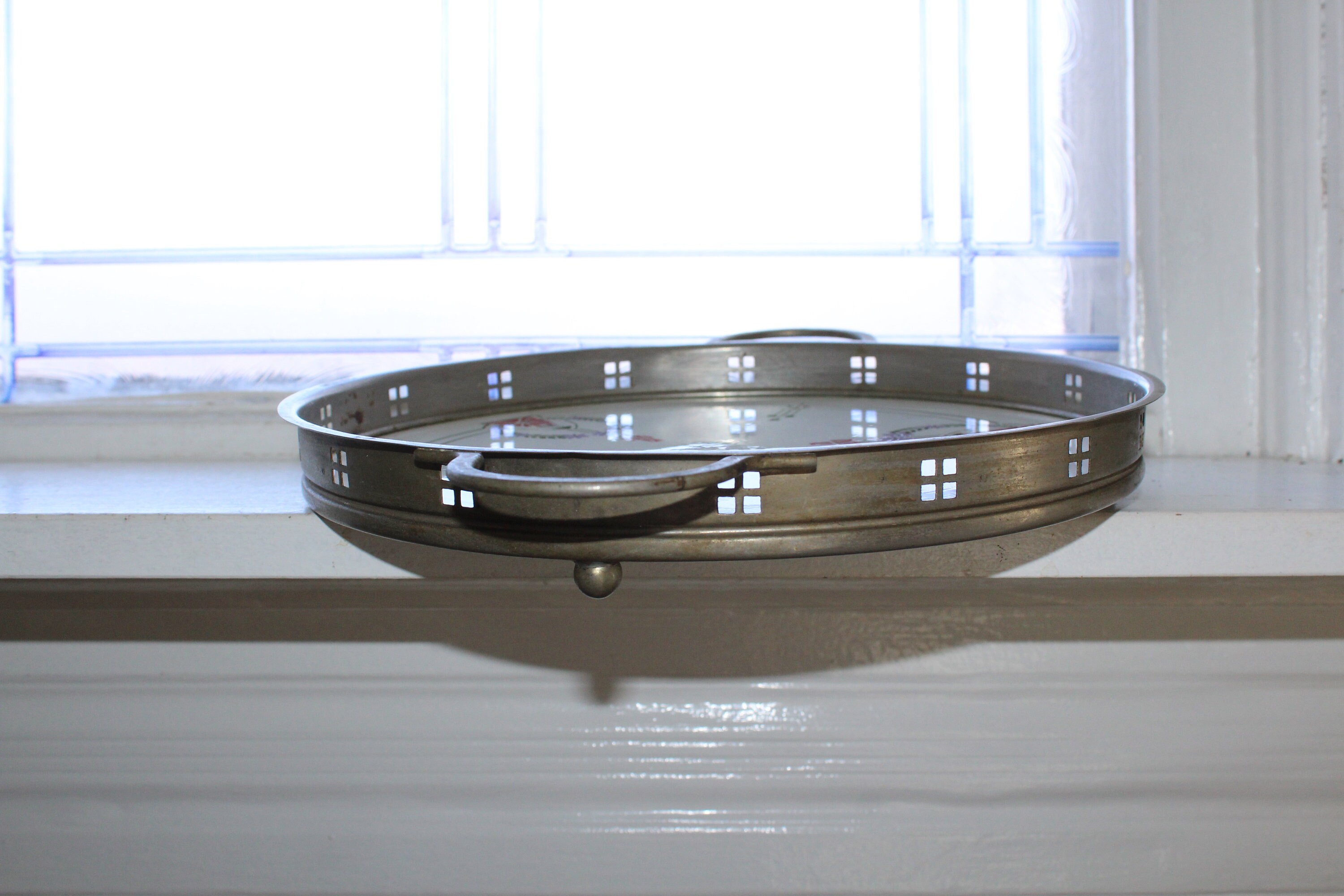 Vintage Art Deco Porcelain Serving Tray with Pierced Metal Rim