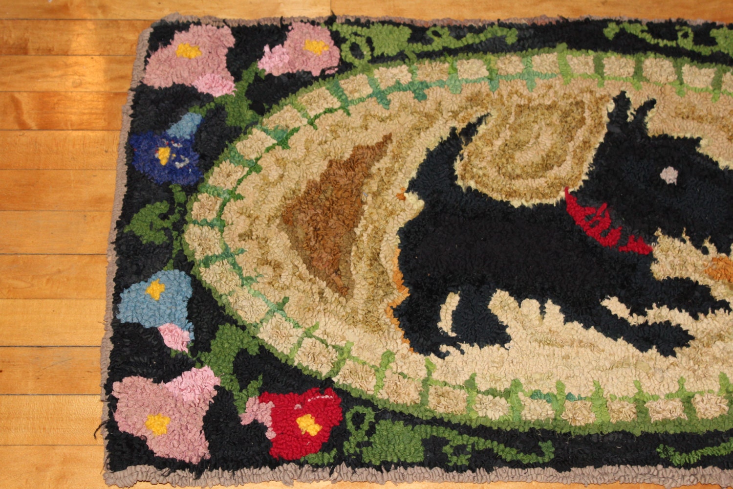 Antique Hooked Rug Scotty Dog Hand Made Folk Art 42 x 24