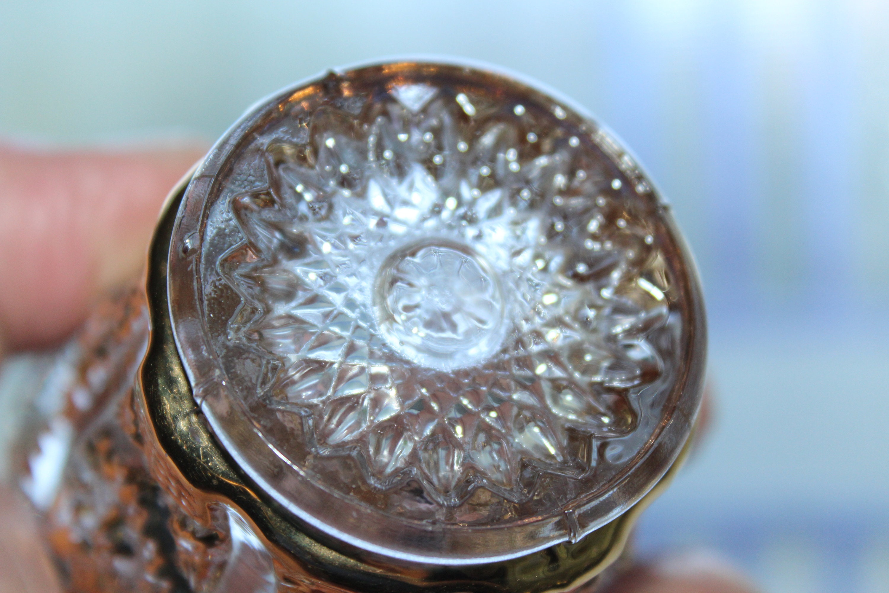 Imperial Glass Toothpick Holder Sawtooth Daisy and Button Clear & Gold