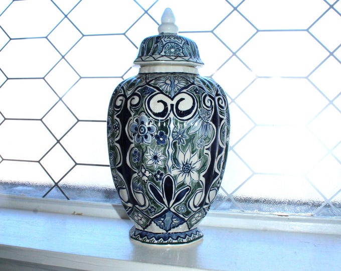 Vintage Blue Green and White Delft Lidded Vase Urn Ginger Jar Handmade