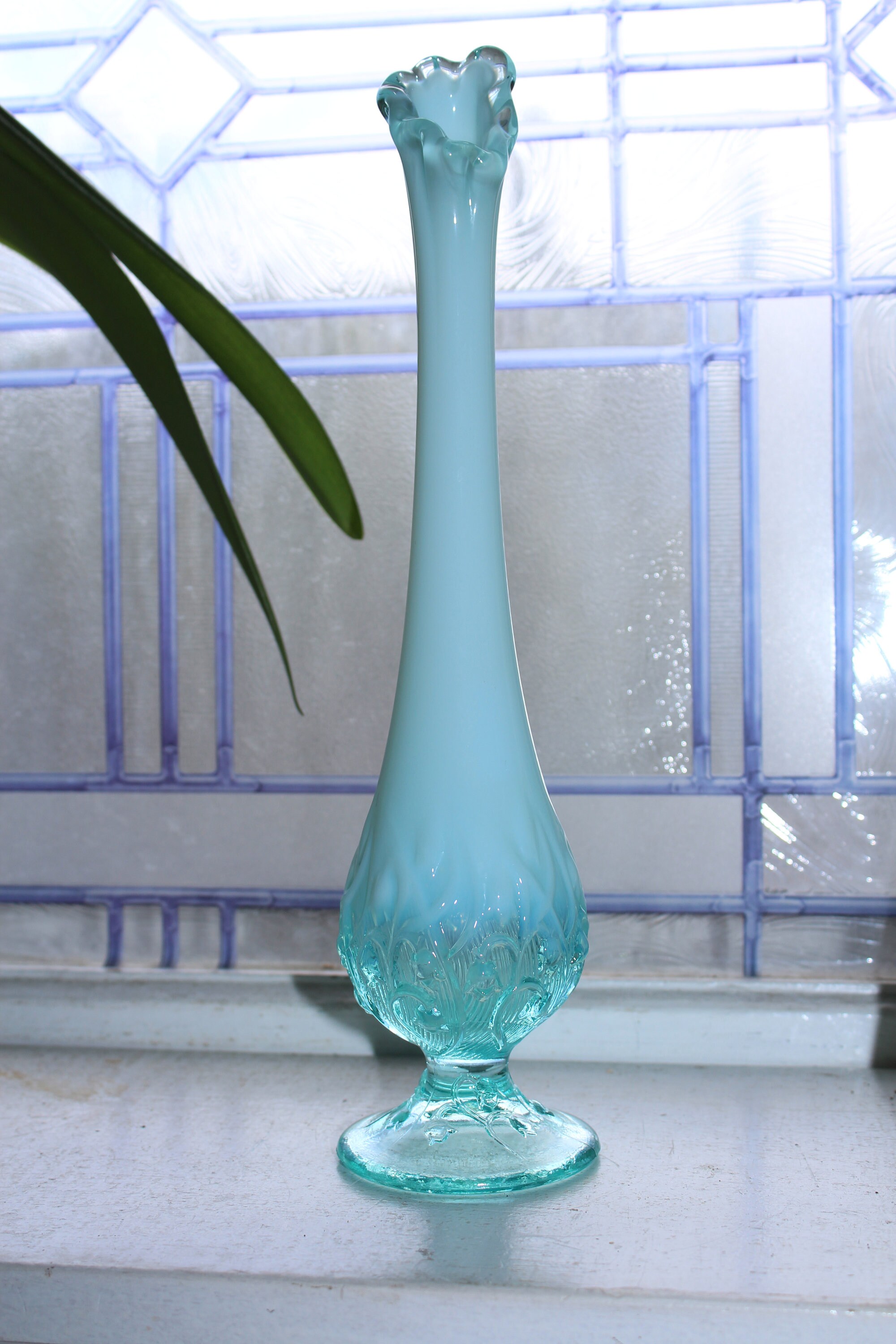 Blue Imperial Glass Bud Vase with Raised Flower Decoration Vintage 60s