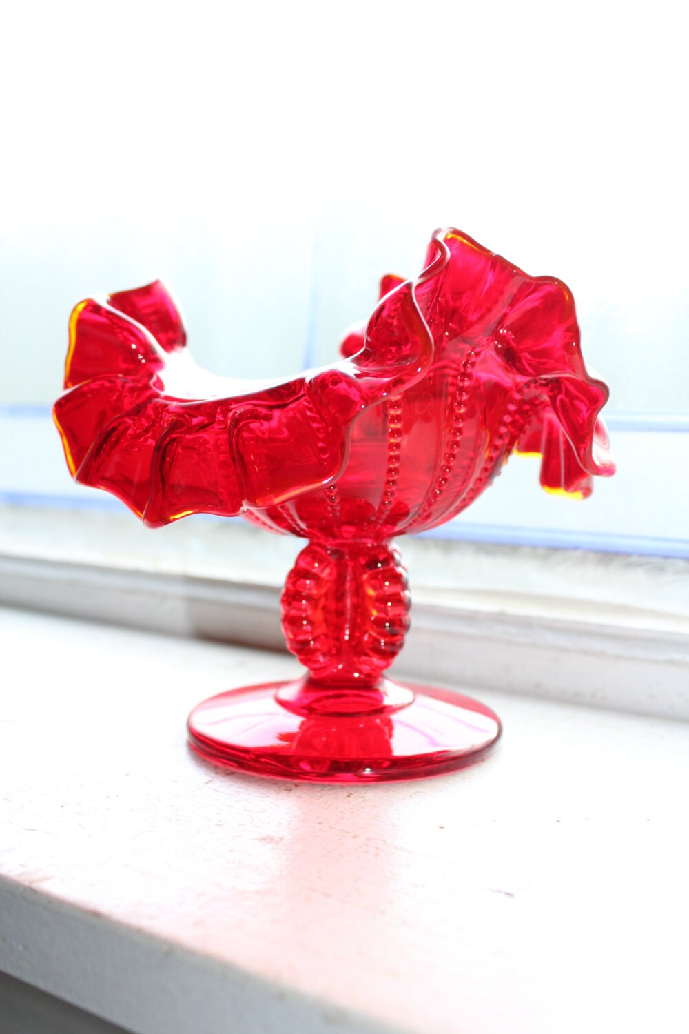 Vintage Red Glass Stemmed Candle Holder Ruffled Rim