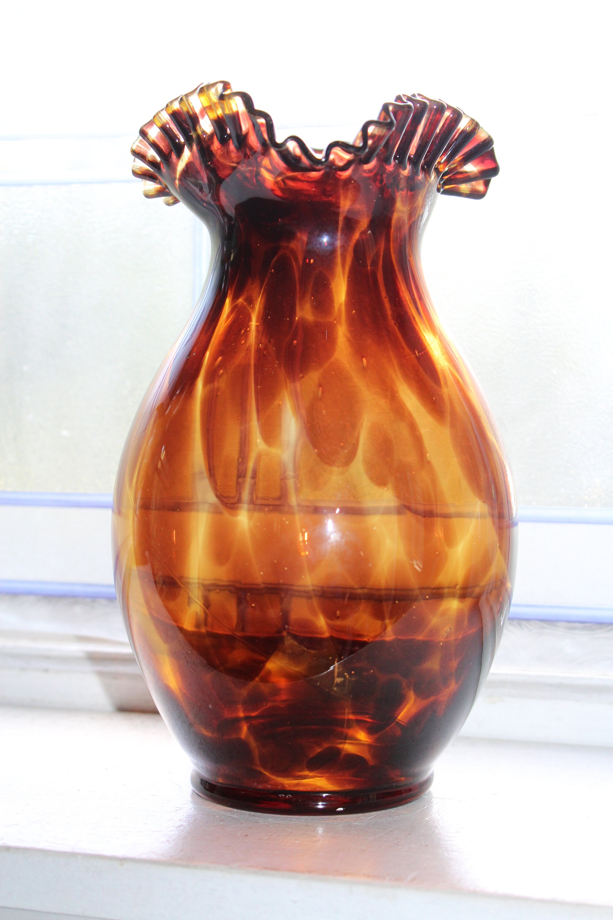 Vintage Tortoise Shell Art Glass Vase with Crimped Rim