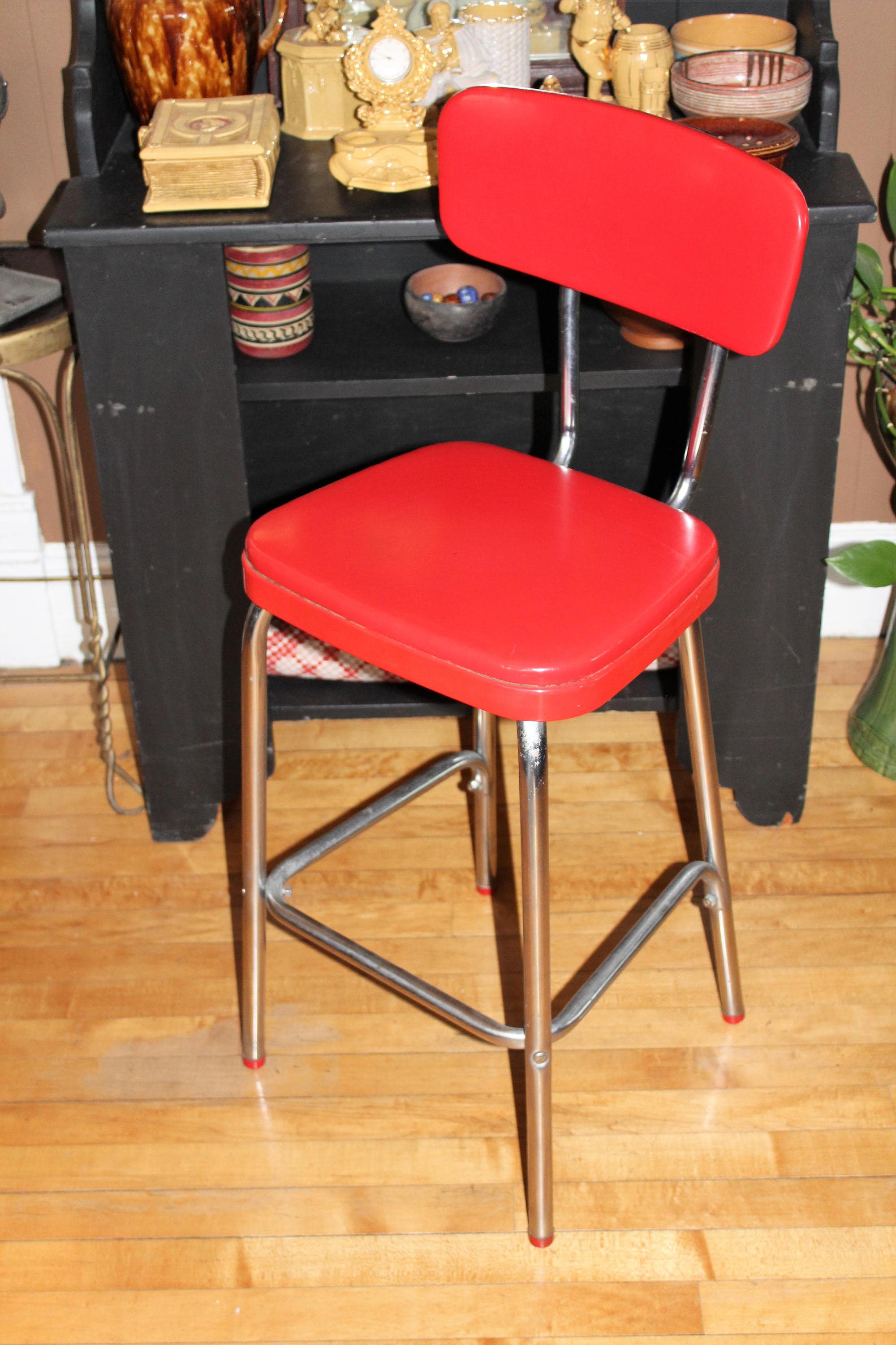 Mid Century Kitchen Chair Bar Stool Chrome and Red Vinyl 1950s Cosco
