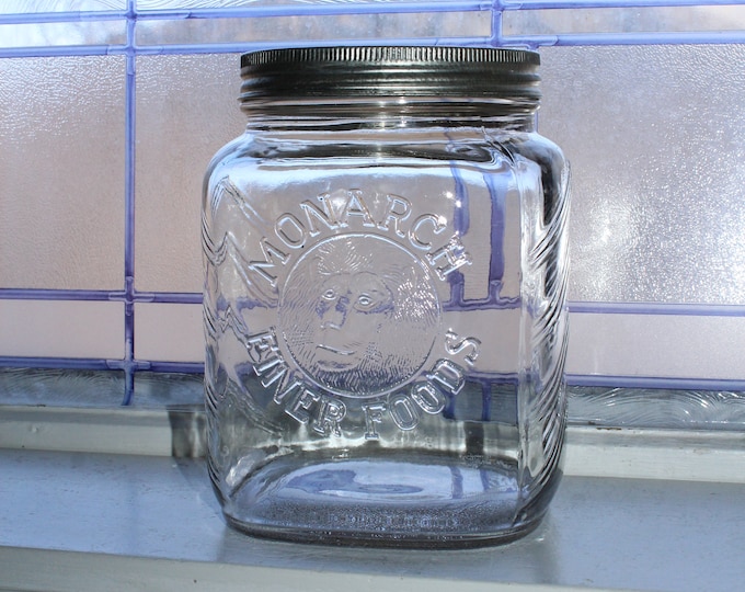 Vintage Monarch Finer Foods Jar Kitchen Canister Embossed Lion Head