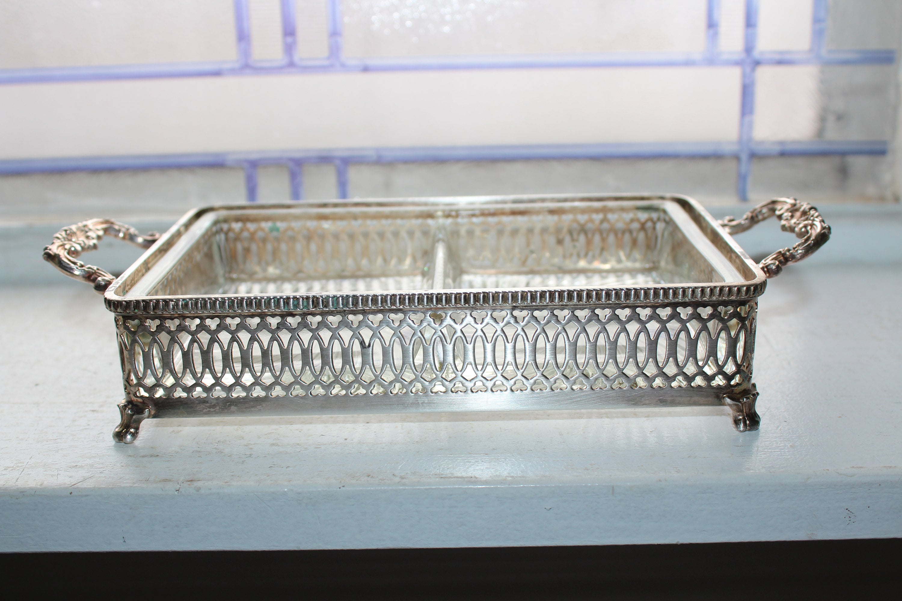 Vintage Relish Tray with Silverplate Stand Crescent Silver Mfg